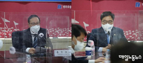 ▲ 우원식(사오른쪽 사진)·홍영표 더불어민주당 당대표 후보가 21일 오전 금융노조를 찾아 간담회를 열었다. 이날 금융노조 지부대표자들은 정부여당이 그간 약속을 지키지 않았다며 비판했다. 두 후보자가 발언하는 모습. <금융노조>