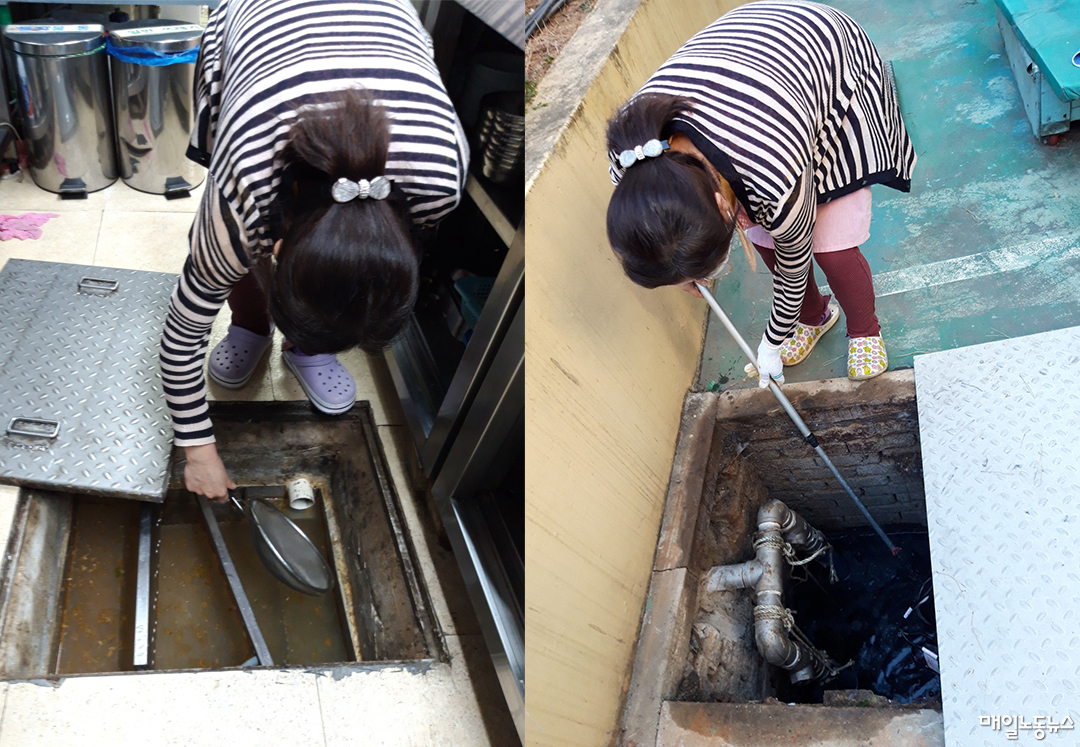 서울 광진구 소재 어린이집 보건교사가 원장의 지시로 하수구를 청소하는 모습. <피해자 교사측 제공>