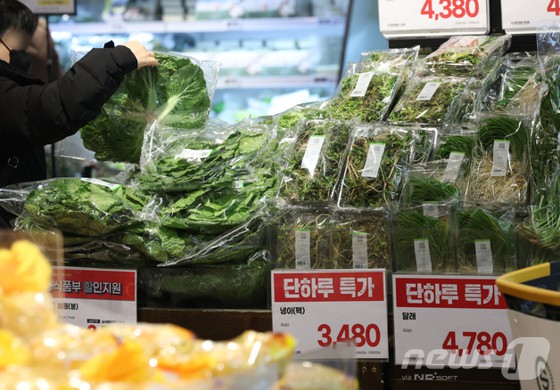 한국 경제가 경기침체 속 물가가 상승하면서 스태그플레이션 우려가 커지고 있다. 한국은행은 물가 상승률을 1.9%로 예상했으나 1월 소비자물가상승률이 2.2%로 다시 2%대에 진입했고, 생산자물가는 17개월 만에 가장 큰 폭으로 상승했다. 특히 배추와 무 등 주요 생활물가가 여전히 높은 수준을 기록해 물가 안정에 대한 우려가 지속되고 있다. 26일 서울 시내 한 대형마트에서 시민들이 장을 보고 있다.